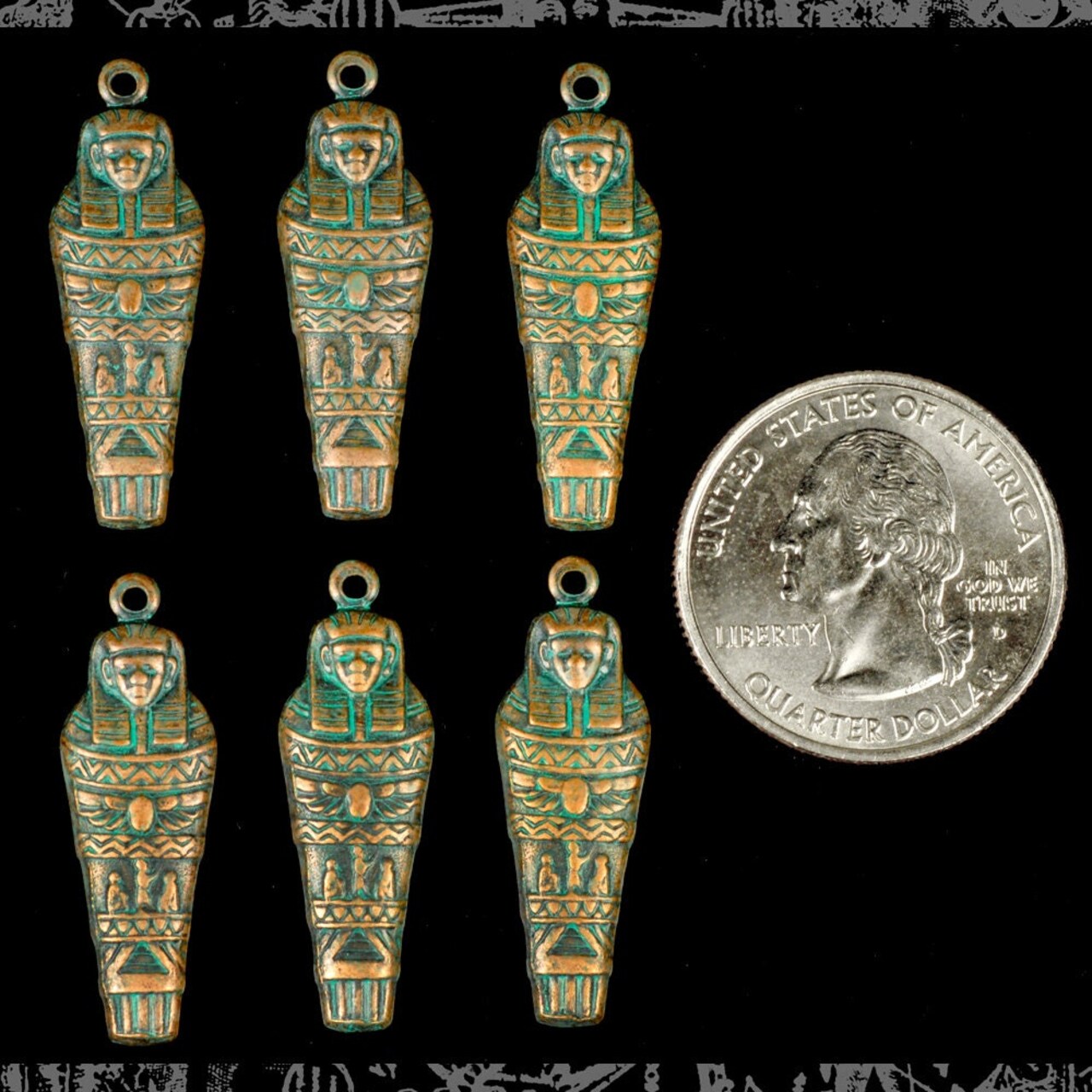 Verdigris Finished Brass Egyptian Mummy Sarcophagus Charms or Pendants - Set of Six - V-C73